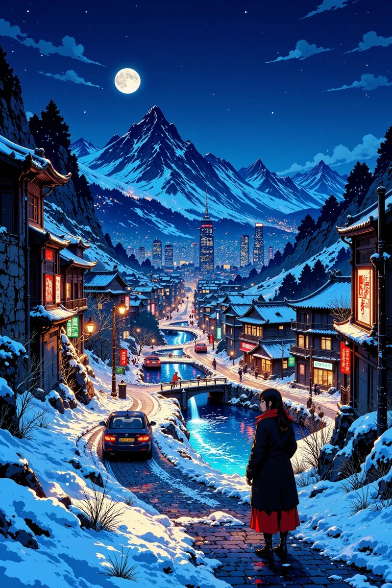 中国水墨风格的城市夜景
